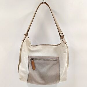 Fossil White Ivory Leather Hobo Bag Zip Beige Pocket Front Zip Top Shoulder Bag
